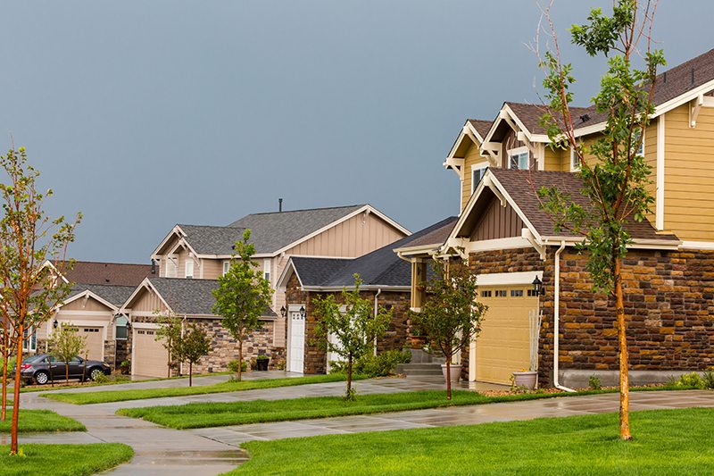 Typical American suburban community with model homes.