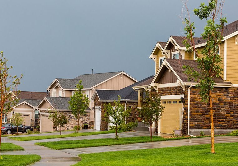 Typical American suburban community with model homes.